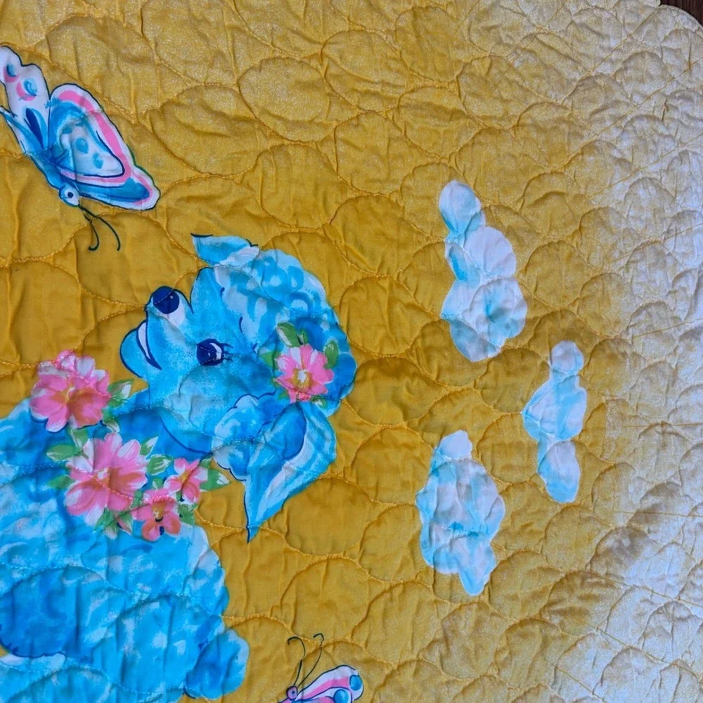 Vintage Kitsch Blue Lamb Baby Blanket Quilted Scalloped Yellow Floral Nursery